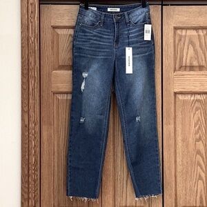 Vigoss medium wash, straight leg, cropped, distressed jeans. Women’s size 25